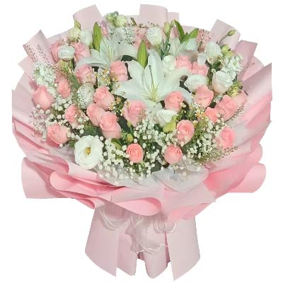 28朵粉玫瑰2支百合,谱写爱的传奇
