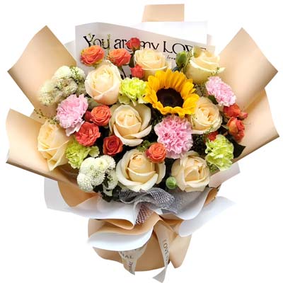 8朵香槟玫瑰康乃馨向日葵,绚丽灿烂彩虹