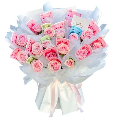 18朵粉玫瑰人民币花束,深海涌动的爱