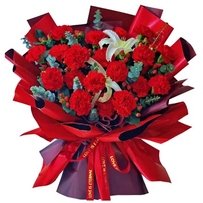 19朵红色康乃馨1支百合,愿你一路生香