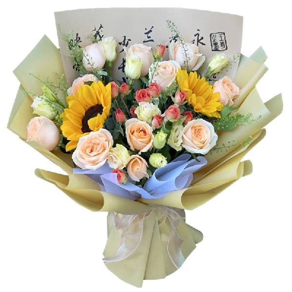 11朵香槟玫瑰2朵向日葵,不会褪色的美
