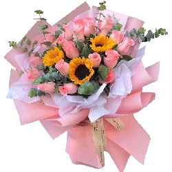 21朵戴安娜粉玫瑰，3朵向日葵，彩色的人生