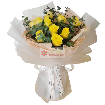 11朵黄玫瑰尤加利，送给老公表达对老公的尊敬之情，没有生我气吧