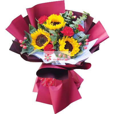 9朵红色康乃馨向日葵，红豆搭配； 包装：红色欧亚纸包装，幸福永远