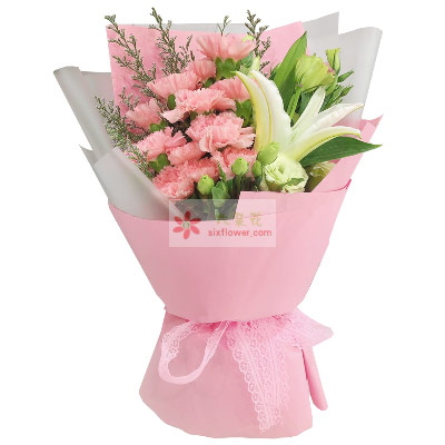 12朵粉色康乃馨百合桔梗，心中永远眷恋您
