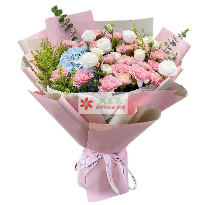 19朵粉色康乃馨绣球花，生活的热情
