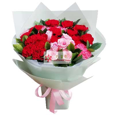 22朵康乃馨粉玫瑰，有的人喜欢红色的热情，周围相思梅搭配； 包装：心形礼盒（颜色以实际配送的为准）；  花语：女儿代表全家向妈妈送上真诚，康乃馨的花语中包含了健康、</p><p><img draggable=