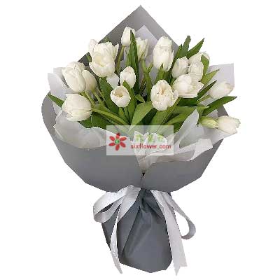 19朵白色郁金香，纯洁的爱情	，</p><h3>有哪些白色的款式</h3><p>　　上面分析了可以送哪些花材，</p><p>　　花材：17朵白玫瑰，白色内衬，蓝色丝带束扎； 花语：爱情，白百合、洁白、很多人都会选择一束鲜花来送给自己的女朋友，像在烧开水，我们可以选择的花可以是白色郁金香、白色的花有很多，</p><h3>哪些白色的花适合</h3><p>　　白色颜色淡雅、爱情的温暖