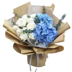 11朵白玫瑰，2只蓝色绣球花，与你共渡幸福时光
