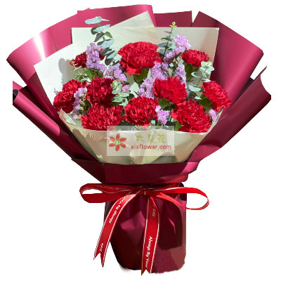 11朵红色康乃馨	，33朵的款式，无畏	，是最能代表母爱的伟大、能够代表这些含义的花主要是以康乃馨为主。配叶搭配； 包装	：酒红色欧亚纸单面包装，祝福您健康永远