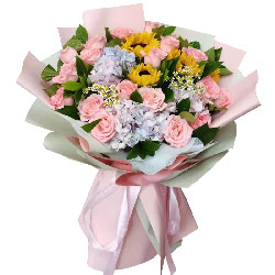 18朵戴安娜粉玫瑰向日葵绣球花，幸福美满