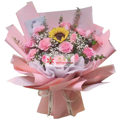 商品名称：11朵粉色康乃馨戴安娜粉玫瑰，时刻都幸福美丽