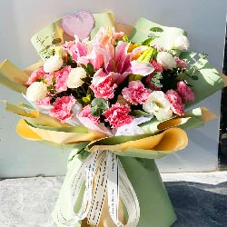 19朵粉色康乃馨百合向日葵，不忘情意