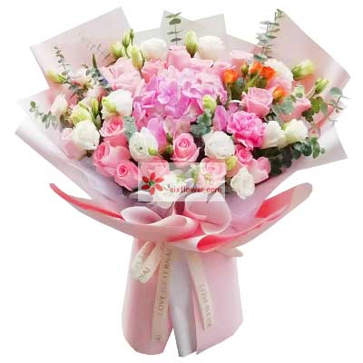 19朵戴安娜粉玫瑰桔梗绣球花，要与你在一起