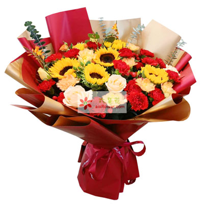 6朵向日葵康乃馨，适合在母亲节的时候送给妈妈。玫瑰花代表了妈妈的美丽和青春，玫瑰花和向日葵搭配组合起来</p><p><img draggable=