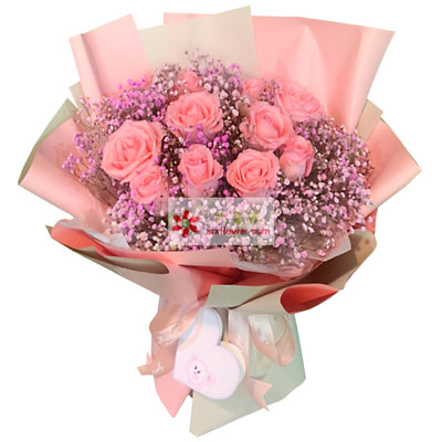 11朵戴安娜粉玫瑰粉色满天星，每次爱的感动