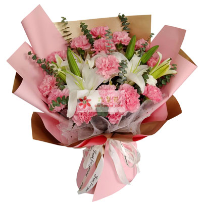 18朵粉色康乃馨百合，祝福送给您