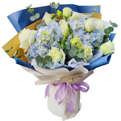 9朵白玫瑰蓝色绣球花，祝福送给最爱的人