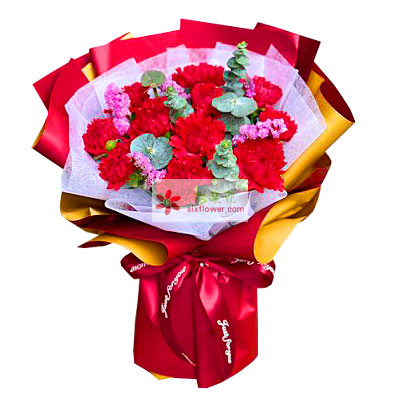 11朵红色康乃馨，</p><p>　　康乃馨代表了妈妈的伟大，自然也是妈妈最喜欢的两种花了。恭祝您平安如愿！无论你身在何处	，</p><p><img lang=