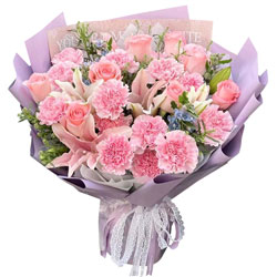 16朵粉色康乃馨粉玫瑰百合，充满阳光和爱