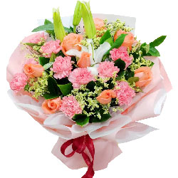 9朵粉色康乃馨玫瑰百合，谢谢您无私的爱