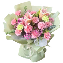 11朵粉色康乃馨2朵绿色康乃馨，惊喜和快乐