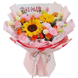 10朵粉玫瑰2朵向日葵，愿你学业有成