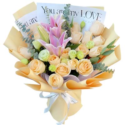 18朵香槟玫瑰1支粉色多头百合,你笑声最动听